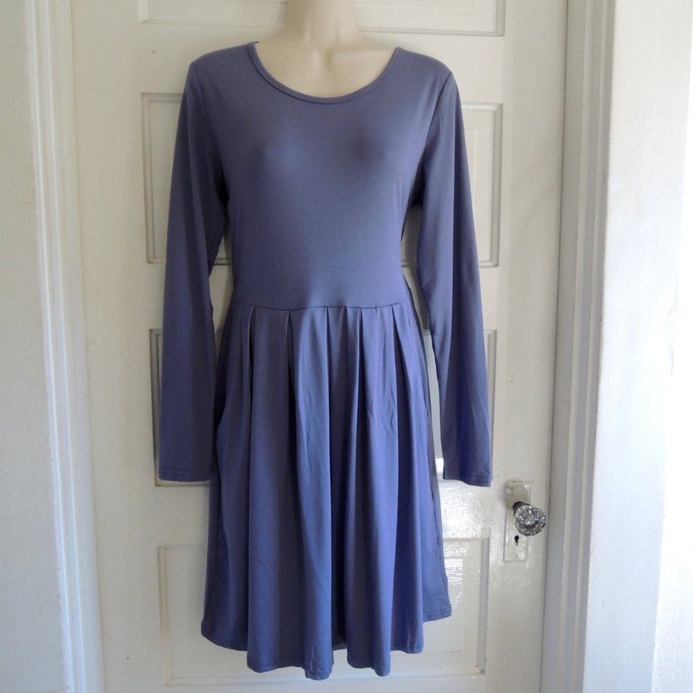 Auselily Soft Blue Knit Pleat Dress Pockets M